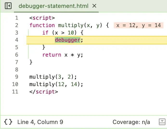 An example of the debugger statement in action.